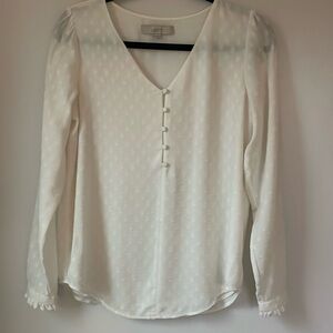 LOFT size XS cream color V neck partial button down blouse  with large Swiss dot